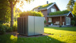 © Ben - Compact heat pump unit integrated into sustainable family home with green roof under clear skies