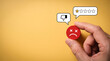 © Nusrat - Unsatisfied customer giving bad feedback with sad face icon and one star rating on yellow background represent poor service quality and negative user experience concept.