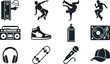 © MdNazmul - Hip Hop Culture Icon Set with Breakdance, DJ Equipment, Graffiti Accessories, Streetwear, Music, and Urban Lifestyle Symbols for Creative Design