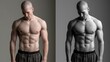 © Plaifah - Male figure study showcasing contrasting color palettes with a muscular physique, emphasizing strength, form, and texture in a minimalistic setting