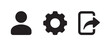 © BEST DESIGN STORE - A set of three black showing a user profile, a mechanical gear cog, and a share with an arrow on a white background, for web interface