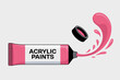 © Stock Soul - Un tubo de pintura acrílica rosa siendo apretado con una salpicadura vibrante de pintura líquida saliendo sobre un fondo blanco