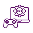 © MostArefa - Conceptual illustration of game development process with laptop controller and coding symbols transparent background