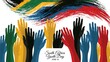 © Ava - Diverse multicolored human hands raised upward celebrating south african youth day commemorative design graphic concept