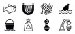 © Happy Carrot - Set of eight black icons representing ocean pollution and cleanup efforts, including a fish with a plastic cap, a floating bottle, a tangled net, and a robotic arm collecting waste