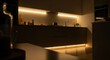 © DigitalSpace - Warm ambient lighting from LED strips around kitchen backsplash and toekick quarters creating inviting cozy atmosphere after sunset.
