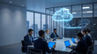 © Arsalan - Diverse group of business people working in modern boardroom with glowing digital cloud computing holographic interface for secure data storage