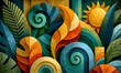 © VictoriaEmerson - Abstract illustration showing stylized tropical leaves, sun, and organic shapes creating a vibrant, textured contemporary design