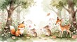 © Viktor - Watercolor illustration of cute fox mouse, fawn in green forest. Animals sit among flowers plants, autumn leaves. Whimsical woodland scene with wildlife characters for children decor. Hand painted