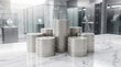 © Celt Studio - Multiple stacks shiny blank silver coins resting upon textured marble counter inside bright modern financial institution representing wealth accumulation economic growth