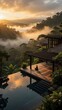 © Chotika88 - Tranquil retreat a serene sunset over a mountainous landscape surrounded by lush tropical forest and a reflective pool