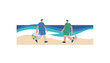 © Stocker  - Two volunteers walk along the beach carrying mesh bags filled with plastic litter collected for ocean conservation.