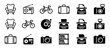 © Happy Carrot - Set of black vintage object icons including a camera, typewriter, radio, and bicycle, designed in a minimalist glyph and silhouette style representing a classic retro lifestyle