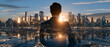 © Kingdola - Visionary Leader at Dawn: A lone businessman in sharp attire stands silhouetted against a breathtaking cityscape at sunrise, symbolizing ambition, success, and the dawn of a new era.