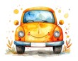 © Mash - Cute orange watercolor car character smiling on white background, playful design
