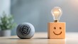© M@rketVisualsStudio - Mental health clarity and creative problem solving concept with tangled wire stone transforming into smiling wooden block with light bulb