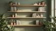 © Lamduan - Stylish and natural home interior with a green wall, wooden shelving, books, and bright sunlight from a window.