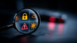 © kaliel - A magnifying glass examining security threat icons representing cybersecurity risk assessment and digital vulnerability monitoring