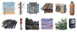 © eclipse - Urban elements icons set. City life and street details concept. Includes utility pole, window, corrugated roof, air conditioner, gas cylinder, road, bollard, bushes, sky, electricity meter