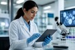 © Formoney - Female scientist using tablet for lab analysis in research facility