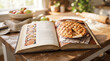 © detry26 - Open cookbook with recipe for apple pie on wooden table. Kitchen scene for bakery cooking. Homemade pastry preparation concept, rustic style background with flour and fresh fruit