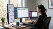 © Segati - Woman working at a desk with multiple computer monitors displaying charts and project management tools