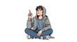© Md - Young Man in Hoodie Sitting Cross-Legged Pointing Upward with Inspired Expression on White