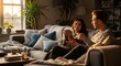 © Mohsin - Couple enjoys warm tea while relaxing on a comfortable living sofa.