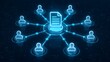 © Home Stock - Futuristic digital network concept with glowing blue document connecting to multiple user profiles representing secure cloud file sharing and team collaboration