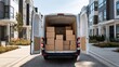 © AR - Rear view of delivery van loaded with cardboard boxes on residential street. Great for logistics ads.