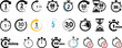 © Asma - Timer, clock, stopwatch isolated set icons. Countdown timer symbol icon set. Label cooking time. Vector illustration.Set of analog clocks for every hour icon.Stopwatch icon from 1 to 60 minute timer