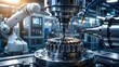 © Mashuri - CNC milling machine cutting metal gear with flying sparks and robotic arm representing automated industrial manufacturing and precision engineering