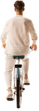 Rear view of young male cyclist riding bicycle isolated on transparent background. Concept of low carbon travel, personal freedom, active transportation.
