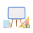 © Stock Steps - Modern 3D render illustration of clean blank whiteboard on easel surrounded by notebook pencil ruler and alphabet blocks representing school education concept isolated transparent