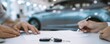 © Nart - Close-up of hands signing a car purchase contract with keys on a table. Ultra-realistic dealership scene highlights auto buying and vehicle ownership transfer.