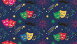 © Biplob - Colorful seamless pattern featuring theater drama comedy tragedy masks, shooting stars, and fireworks.