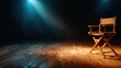 © Larisa AI - A solitary director's chair illuminated by a dramatic spotlight on an empty stage, symbolizing creativity and the passion of artistic expression in theater and film making.