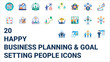 © Newlifewithalice - Happy business planning and goal setting people icons – strategic alignment, OKRs, and milestone achievement symbols.