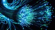 © Aiden - Fiber optic cables light transmission closeup, high speed internet technology, telecommunication network, digital data flow, glowing blue and green strands, connectivity