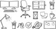 © roni - Hand Drawn Office Supplies and Workspace Vector Set Featuring Dual Monitors Desk Chair Lamp Notebook Organizer and Stationery Icons for Corporate Business Designs