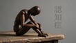 © Danish - Dark wooden mannequin sitting in a slumped and depressed posture on a rough textured wooden table surface representing mental health challenges and deep cognitive decline issues