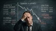 © Danish - Stressed businessman standing in front of a dark chalkboard covered in handwritten financial charts and negative economic data indicating significant company losses during the fourth quarter