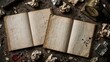 © kamari - Vintage Open Books with Aged Pages and Crumpled Paper on a Dark Surface.