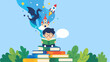 © MuhammadHaris - Illustration of two students sitting on book stacks sharing ideas and brainstorming under a large glowing lightbulb for education