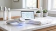 © justjupiter - A sleek facial skin care device with blue light sits on a marble countertop next to a towel and a tablet displaying a facial mapping diagram.