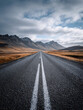 © Aisyaqilumar - Minimalist landscape photography of a straight empty road leading towards mountains in Iceland under soft natural light.