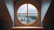 © Chuemon - Warm and inviting round window view of a rainy cityscape bathed in soft natural light