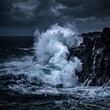 © Lira - Powerful ocean wave crashing against dark coastal rocks.