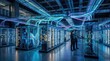 © Syed Abid Hussain - Professional team working in high-tech data center environment managing advanced server infrastructure with glowing fiber optic cables and connectivity nodes