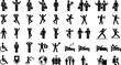 © Amamur - A comprehensive collection of black stick figure icons and pictograms depicting various human activities including business work medical care sleeping disability and physical exercise.